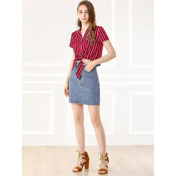 Striped Lapel Collar Top Short Sleeve Tie Front Crop Shirt Red - Picture 5 of 6